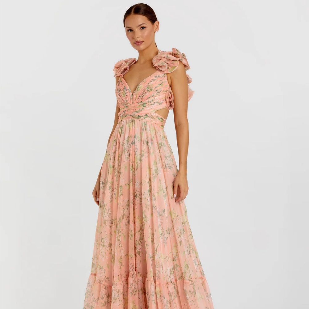 Mac Duggal Dress Women’s 2 Pink Ruffle Tiered Cut-Out Chiffon Gown Floral Print